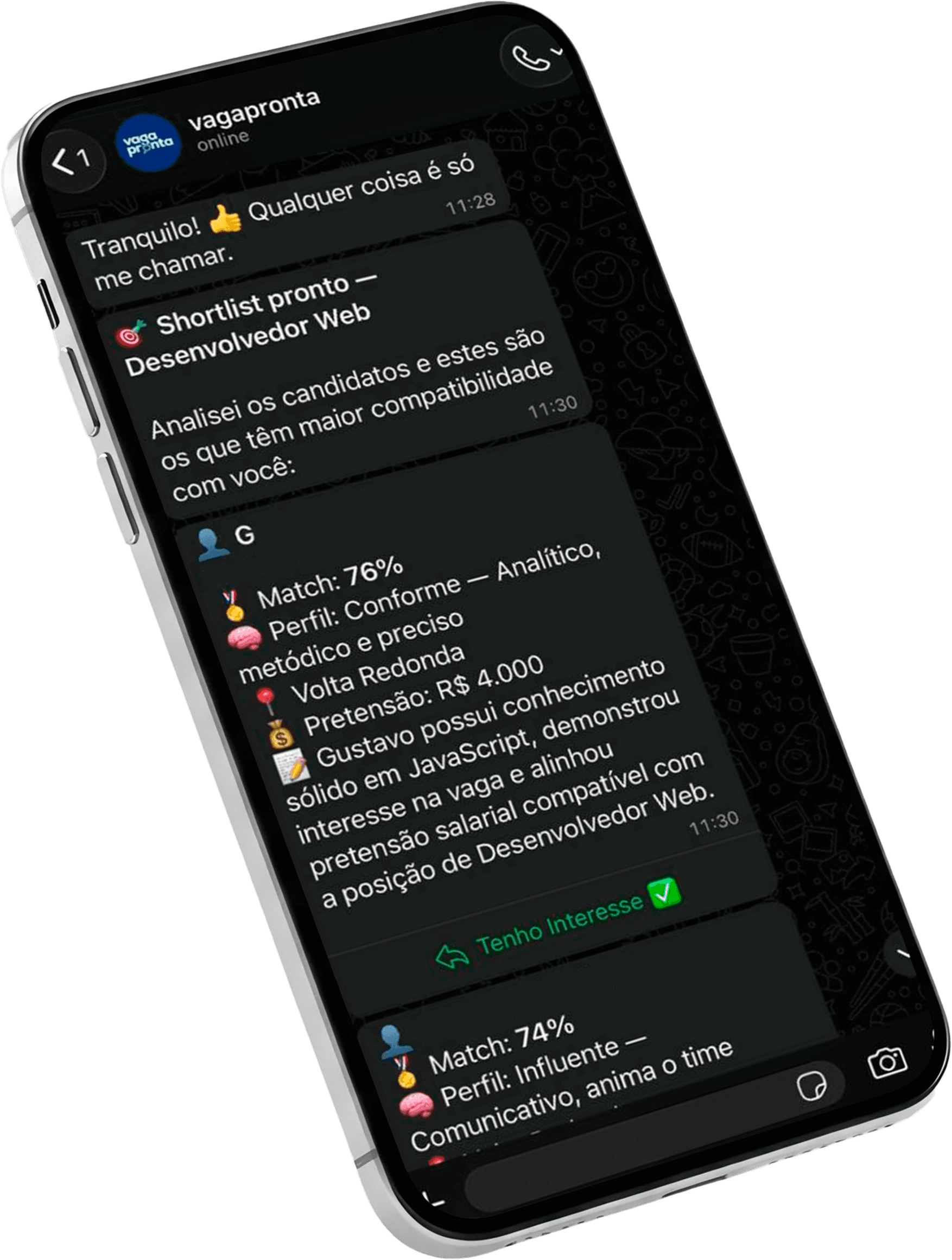 Conversa do Vaga Pronta no WhatsApp